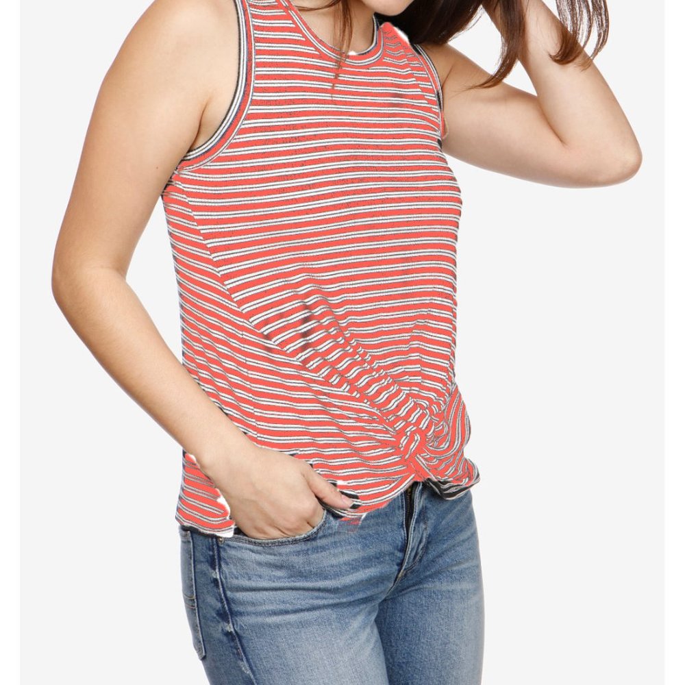 Lucky Brand Twist Top Ribbed Tank Top in Orange Coral Stripe L